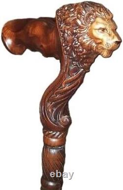 Wooden Lion Head Carved Walking Stick Wood Cane with Ergonomic Palm Grip 36