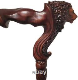 Wooden Lion Head Carved Walking Stick Wood Cane with Ergonomic Palm Grip 36