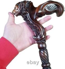 Wooden Lion Head Carved Walking Stick Wood Cane with Ergonomic Palm Grip 36