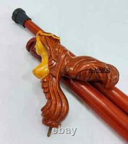 Wooden Mermaid Carved Walking Stick Cane handmade wood crafted comfortable