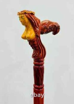 Wooden Mermaid Carved Walking Stick Cane handmade wood crafted comfortable