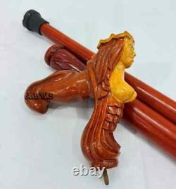 Wooden Mermaid Carved Walking Stick Cane handmade wood crafted comfortable