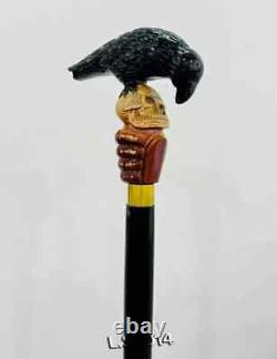 Wooden Walking Cane Fancy Skull & Crow Hand Carved Unique Walking Cane Stick