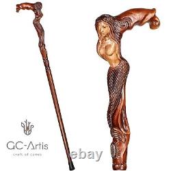 Wooden Walking Cane Mermaid D Hand carved Siren girl crafted Stick for men