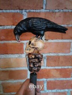 Wooden Walking Cane Stick with Black Crow & Skull Goth style gravestone