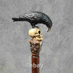 Wooden Walking Cane Stick with Black Crow & Skull Goth style gravestone