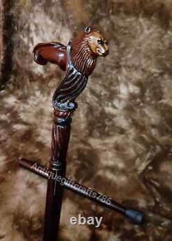 Wooden Walking Cane with Wolf Head Ergonomic Palm Grip Handle Wood Carved Gift