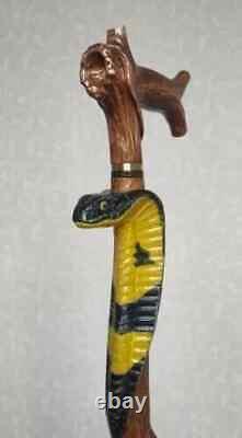 Wooden Walking Carved Cobra Snake Hiking Cane Stick 37 with Carved Handle