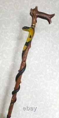 Wooden Walking Carved Cobra Snake Hiking Cane Stick 37 with Carved Handle