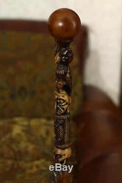 Wooden Walking Staff Hiking Stick Ball Knob handle totem style OWL Skull carved