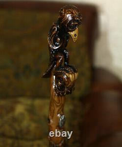 Wooden Walking Staff Hiking Stick Hand carved Sad Griffin Extra long shaft 56'