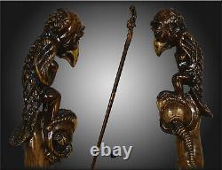 Wooden Walking Staff Hiking Stick Hand carved Sad Griffin Extra long shaft 56'