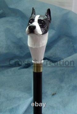Wooden Walking Stick Cane American Staffordshire Terrier Dog Head Carved Handle