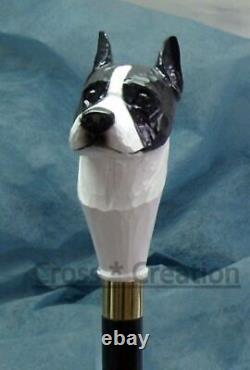 Wooden Walking Stick Cane American Staffordshire Terrier Dog Head Carved Handle