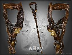 Wooden Walking Stick Cane Fantasy hand carved Syren Bird Winged Woman Ship Maide
