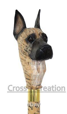 Wooden Walking Stick Cane Great Dane Dog Head Handle Carved Walking Cane Gift X1