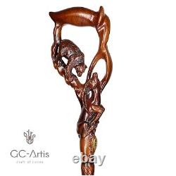 Wooden Walking Stick Cane Hand Carved Crafted Bear & Gazelle Unique gift for men