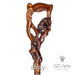 Wooden Walking Stick Cane Hand Carved Crafted Bear & Gazelle Unique gift for men
