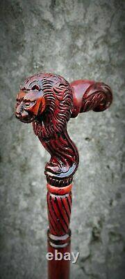 Wooden Walking Stick Cane Lion Head Palm Grip Ergonomic Handle Animal Wood Carve