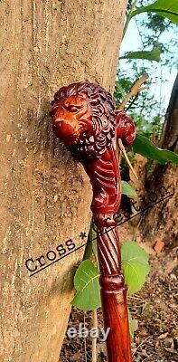 Wooden Walking Stick Cane Lion Head Palm Grip Ergonomic Handle Animal Wood Carve