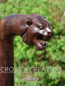 Wooden Walking Stick Cane Lion Head Palm Grip Ergonomic Handle Animal WoodCarved