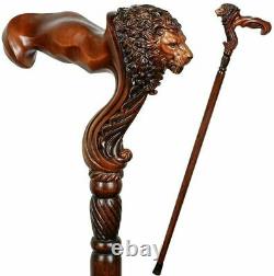 Wooden Walking Stick Cane Lion Head Palm Grip Ergonomic Handle Wood Carved