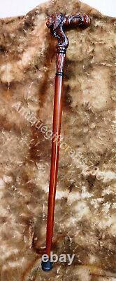 Wooden Walking Stick Cane Lion Head Palm Grip Ergonomic Handle Wood Carved Stick