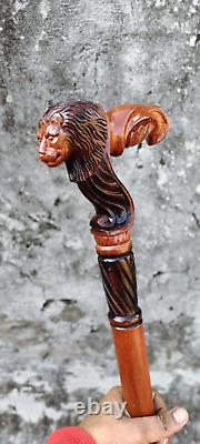 Wooden Walking Stick Cane Lion Head Palm Grip Ergonomic HandleAnimal Wood Carved