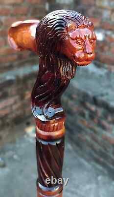 Wooden Walking Stick Cane Lion Head Palm Grip Ergonomic HandleAnimal Wood Carved