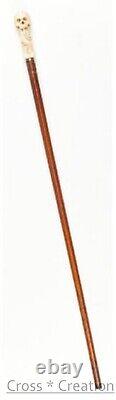 Wooden Walking Stick Cane Skull And Snake Head Palm Grip Ergonomic Handle Carved