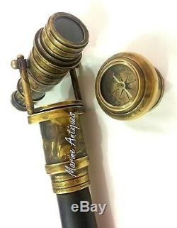 Wooden Walking Stick Cane With Antique Victorian Telescope Handle Compass On Top