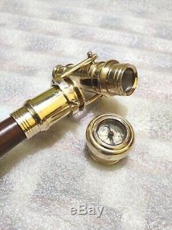Wooden Walking Stick Cane With Brass Finish Foldable Telescope Compass On Top