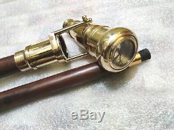 Wooden Walking Stick Cane With Brass Finish Foldable Telescope Compass On Top