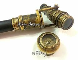 Wooden Walking Stick Cane With Marine Antique Telescope Handle Compass On Top Gift