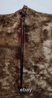 Wooden Walking Stick Cane with Wolf Head Ergonomic Palm Grip Handle Wood Carved