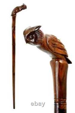 Wooden Walking Stick Handmade Owl Head Handle Hand Carved