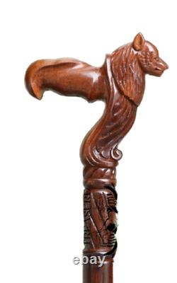 Wooden Walking Stick Wolf Carved Cane Handmade Wood Crafted Comfortable Handle