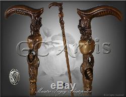 Wooden Walking Stick ane Hand Carved Engraved Handle Paradise Apple Tree