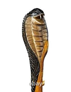 Wooden Walking Stick with Solid Cobra Snake Design Curved Handle