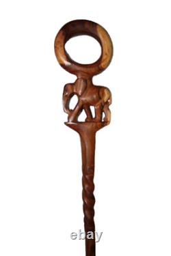 Wooden Walking Stick with Unique Design Elephant Head Handle Cane Hiking Stick