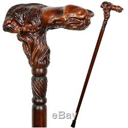Wooden Walking cane stick Bison Bull Hand Carved Wood Crafted Ergonomic Handle R