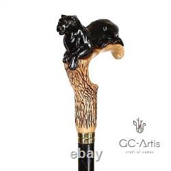 Wooden Walking cane stick Black Panther Cougar cat Wood Carved Crafted light
