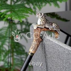 Wooden Walking cane stick Snow Leopard White cat Wood Carved Handpainted