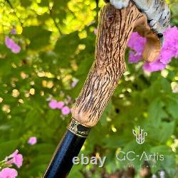 Wooden Walking cane stick Snow Leopard White cat Wood Carved Handpainted