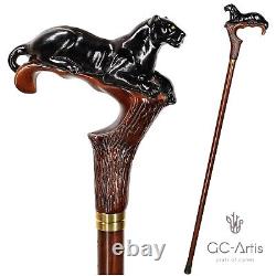 Wooden Walking stick Cane Black Panther Cougar cat Wood Carved Crafted Dark