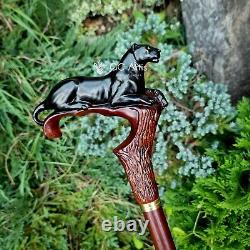 Wooden Walking stick Cane Black Panther Cougar cat Wood Carved Crafted Dark