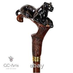 Wooden Walking stick Cane Black Panther Cougar cat Wood Carved Crafted Dark