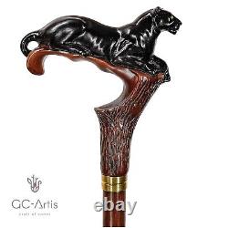 Wooden Walking stick Cane Black Panther Cougar cat Wood Carved Crafted Dark