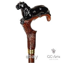 Wooden Walking stick Cane Black Panther Cougar cat Wood Carved Crafted Dark