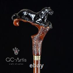 Wooden Walking stick Cane Black Panther Cougar cat Wood Carved Crafted Dark